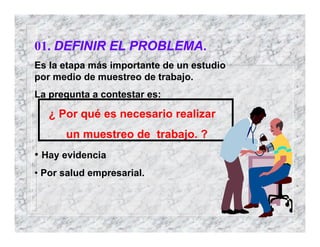01. DEFINIR EL PROBLEMA.
Es la etapa más importante de un estudio
por medio de muestreo de trabajo.
La pregunta a contestar es:
¿ Por qué es necesario realizar
un muestreo de trabajo. ?
• Hay evidencia
• Por salud empresarial.
 