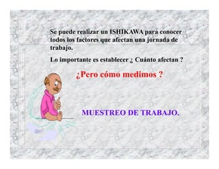 Se puede realizar un ISHIKAWA para conocer
todos los factores que afectan una jornada de
trabajo.
Lo importante es establecer ¿ Cuánto afectan ?
¿Pero cómo medimos ?
MUESTREO DE TRABAJO.
 