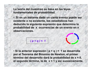 La teoría del muestreo se basa en las leyes
fundamentales de probabilidad.
• Si en un instante dado un cierto evento puede ser
existente o no existente, los estadísticos han
deducido la siguiente expresión que determina la
probabilidad de x ocurrencias de un evento en n
observaciones.
( p + q ) = 1
• Si la anterior expresión ( p + q ) = 1 se desarrolla
por el Teorema del Binomio de Newton, el primer
término del desarrollo dará la probabilidad de x = 0,
el segundo término, la de x = 1 y así sucesivamente.
 