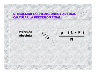 D. REALIZAR LAS MEDICIONES Y AL FINAL
CALCULAR LA PRECISION FINAL
Z
α
2
p ( 1 - P )
N
Precisión
Absoluta
 