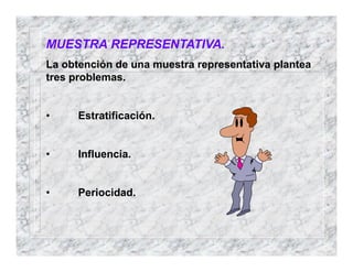 MUESTRA REPRESENTATIVA.
La obtención de una muestra representativa plantea
tres problemas.
• Estratificación.
• Influencia.
• Periocidad.
 