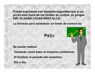Puede suponerse con bastante seguridad que si un
punto está fuera de los límites de control, es porque
HAY ALGUNA CAUSA PARA ELLO.
La fórmula para establecer un límite de control es:
P±3σ
σ
σ
σ
Se puede realizar:
Tomando como base el muestreo preliminar.
Al finalizar el período del muestreo.
Día a día.
 