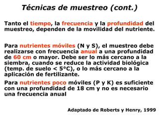 Tanto el tiempo, la frecuencia y la profundidad del
muestreo, dependen de la movilidad del nutriente.
Para nutrientes móviles (N y S), el muestreo debe
realizarse con frecuencia anual a una profundidad
de 60 cm o mayor. Debe ser lo más cercano a la
siembra, cuando se reduce la actividad biológica
(temp. de suelo < 5°C), o lo más cercano a la
aplicación de fertilizante.
Para nutrientes poco móviles (P y K) es suficiente
con una profundidad de 18 cm y no es necesario
una frecuencia anual
Adaptado de Roberts y Henry, 1999
Técnicas de muestreo (cont.)
 