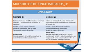 MUESTREO POR CONGLOMERADOS_3:
UNA ETAPA
Ejemplo 1: Ejemplo 2:
Se tiene un universo de 60 familias de un Cantón de
Santa Ana. Las condiciones del estudio son las
siguientes:
Se tiene un universo de 70 cursos de formación
continua en el año 2021 de la UES. Las condiciones
del estudio son:
Variable a medir: ingresos familiares
Unidad de observación: Jefes de hogar
Tamaño de la muestra: 20 familias
Variable a medir: Rendimiento académico
Unidad de observación: estudiantes
Tamaño de muestra: 30 cursos
Primera etapa:
Selección aleatoria de las 20 familias y hacer la
medición de la variable al jefe de hogar.
Primera etapa:
Selección aleatoria de los 30 cursos y hacer la
medición de la variable a todos los estudiantes que
integran los 30 cursos seleccionados→n=30 x el
total de estudiantes que tenga cada curso.
 