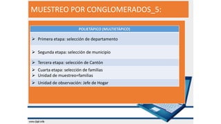 MUESTREO POR CONGLOMERADOS_5:
POLIETÁPICO (MULTIETÁPICO)
➢ Primera etapa: selección de departamento
➢ Segunda etapa: selección de municipio
➢ Tercera etapa: selección de Cantón
➢ Cuarta etapa: selección de familias
➢ Unidad de muestreo=familias
➢ Unidad de observación: Jefe de Hogar
 