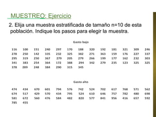 MUESTREO: Ejercicio
2. Elija una muestra estratificada de tamaño n=10 de esta
población. Indique los pasos para elegir la muestra.
 