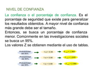NIVEL DE CONFIANZA
La confianza o el porcentaje de confianza. Es el
porcentaje de seguridad que existe para generalizar
los resultados obtenidos. A mayor nivel de confianza
más grande debe ser el tamaño.
Entonces, se busca un porcentaje de confianza
menor. Comúnmente en las investigaciones sociales
se busca un 95%.
Los valores Z se obtienen mediante el uso de tablas.
 