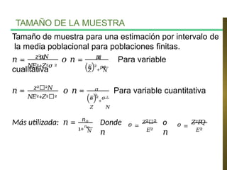 TAMAÑO DE LA MUESTRA
Tamaño de muestra para una estimación por intervalo de
la media poblacional para poblaciones finitas.
𝑁𝐸2+𝑍2𝜎 2
𝑧2
𝑝
𝑞
𝑁 𝑝
𝑞
𝑍
𝐸 2
+
𝑝𝑞
𝑁
𝑛 = 𝑜 𝑛 = Para variable
cualitativa
𝑛 = 𝑧2𝜎2𝑁
𝑁𝐸2+𝑍2𝜎2
𝑜 𝑛 = 𝜎
2
𝐸 2
+
𝜎 2
𝑍 𝑁
Para variable cuantitativa
Más utilizada: 𝑛 = 𝑛𝑜
1+𝑛𝑜
𝑁
Donde
𝑛
𝑜 =
𝑍2𝜎2
𝐸2
o
𝑛
𝑜 =
𝑍2𝑃
𝑄
𝐸2
 