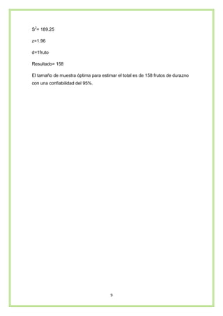 9
S2
= 189.25
z=1.96
d=1fruto
Resultado= 158
El tamaño de muestra óptima para estimar el total es de 158 frutos de durazno
con una confiabilidad del 95%.
 