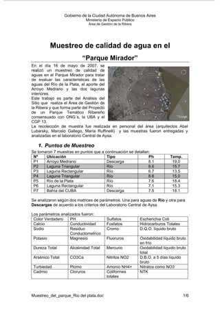 Gobierno de la Ciudad Autónoma de Buenos Aires
                               Ministerio de Espacio Público
                                Área de Gestión de la Ribera




         Muestreo de calidad de agua en el
                           “Parque Mirador”
En el día 16 de mayo de 2007, se
realizó un muestreo de calidad de
aguas en el Parque Mirador para tratar
de evaluar las caracteristicas de las
aguas del Río de la Plata, el aporte del
Arroyo Medrano y las dos lagunas
interiores.
Este trabajo es parte del Análisis del
Sitio que realiza el Área de Gestión de
la Ribera y que forma parte del Proyecto
de un Parque Temático Ribereño
consensuado con ONG´s, la UBA y el
CGP 13.
La recolección de muestra fue realizada en personal del área (arquitectos Abel
Lubarsky, Marcelo Gallego, María Ruffinelli) y las muestras fueron entregadas y
analizadas en el laboratorio Central de Aysa.

   1. Puntos de Muestreo
Se tomaron 7 muestras en puntos que a continuación se detallan:
 Nº    Ubicación                       Tipo                   Ph                Temp.
 P1    Arroyo Medrano                  Descarga               8.1                19,0
 P2    Laguna Triangular               Río                    8.6                15.7
 P3    Laguna Rectangular              Río                    6.7                13.5
 P4    Laguna Triangular               Río                    8.6                15.0
 P5    Río de la Plata                 Río                    7.6                18.4
 P6    Laguna Rectangular              Río                    7.1                15.3
 P7    Bahía del CUBA                  Descarga               7.5                18.1

Se analizaron según dos matrices de parámetros. Una para aguas de Río y otra para
Descargas de acuerdo a los criterios del Laboratorio Central de Aysa

Los parámetros analizados fueron:
 Color Verdadero    PH                     Sulfatos            Escherichia Coli
 Calcio             Conductividad          Fosfatos            Hidrocarburos Totales
 Sodio              Residuo                Cromo               D.Q.O. líquido bruto
                    Conductometrico
 Potasio            Magnesio               Fluoruros           Oxidabilidad líquido bruto
                                                               en frío
 Dureza Total       Alcalinidad Total      Mercurio            Oxidabilidad líquido bruto
                                                               total
 Arsénico Total     CO3Ca                  Nitritos NO2        D.B.O. a 5 días líquido
                                                               bruto
 Turbiedad          Plomo                  Amonio NH4+         Nitratos como NO3
 Cadmio             Cloruros               Coliformes          NTK
                                           totales



Muestreo_del_parque_Rio del plata.doc                                                   1/6
 