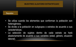 MUESTREO ALEATORIO ESTRATIFICADO 
•Se utiliza cuando los elementos que conforman la población son heterogéneos. 
•Se divide a la población en subgrupos o estratos de acuerdo a sus características. 
•La selección de sujetos dentro de cada estrato se hará aleatoriamente de acuerdo a sus variables (edad, género, situación laboral). 
Requisitos  