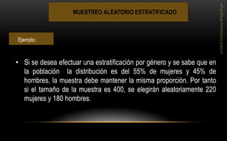 MUESTREO ALEATORIO ESTRATIFICADO 
•Si se desea efectuar una estratificación por género y se sabe que en la población la distribución es del 55% de mujeres y 45% de hombres, la muestra debe mantener la misma proporción. Por tanto si el tamaño de la muestra es 400, se elegirán aleatoriamente 220 mujeres y 180 hombres. 
Ejemplo:  