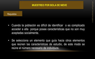 MUESTREO POR BOLA DE NIEVE 
•Cuando la población es difícil de identificar o es complicado acceder a ella porque posee características que no son muy aceptadas socialmente. 
•Se selecciona un elemento que guía hacia otros elementos que reúnen las características de estudio, de este modo se reúne el número necesario de individuos. 
Requisitos  