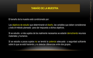TAMAÑO DE LA MUESTRA 
El tamaño de la muestra está condicionado por: Los objetivos de estudio que determinarán el diseño, las variables que deben considerarse y todo el método planeado para dar respuesta a dichos objetivos. Si se estudia a más sujetos de los realmente necesarios se estarán derrochando recursos materiales y humanos. Si se estudia a pocos sujetos no se tendrá la potencia adecuada o seguridad suficiente sobre lo que se está haciendo y no detectar diferencias entre dos grupos.  