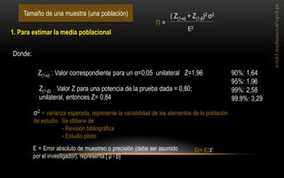 Tamaño de una muestra (una población) 
Donde: 
σ2 = varianza esperada, representa la variabilidad de los elementos de la población de estudio. Se obtiene de: - Revisión bibliográfica - Estudio piloto 
E = Error absoluto de muestreo o precisión (debe ser asumido por el investigador), representa [ μ - p] 
Er= E/푥 
1. Para estimar la media poblacional 
Z(1-α) : Valor correspondiente para un α=0,05 unilateral Z=1,96 
Z(1-β) : Valor Z para una potencia de la prueba dada = 0,80; unilateral, entonces Z= 0,84 
( Z(1-α) + Z(1-β)2 σ2 
E2 
n = 
90%: 1,64 95%: 1,96 99%: 2,58 99,9%: 3,29  