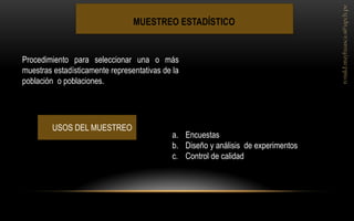 MUESTREO ESTADÍSTICO 
Procedimiento para seleccionar una o más muestras estadísticamente representativas de la población o poblaciones. 
USOS DEL MUESTREO 
a.Encuestas 
b.Diseño y análisis de experimentos 
c.Control de calidad  