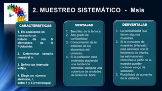 2. MUESTREO SISTEMÁTICO - Msis
CARACTERÍSTICAS
1. En ocasiones es
necesario un
listado de los N
elementos de la
Población.
2. Determinar tamaño
muestral n.
3. Definir un intervalo
k=N/n.
4. Elegir un número
aleatorio, r,
entre 1 y k (r=arranque)
VENTAJAS
1. Sencillez de la técnica
2. Alto grado de
confiabilidad
3. Conocimiento de la
totalidad de los
elementos del
universo.
4. Si la población está
ordenada siguiendo
una tendencia
conocida, asegura una
cobertura de unidades
de todos los tipos.
DESVENTAJAS
1. La periodicidad que
tienen algunas
muestras.
2. Si la constante de
muestreo (intervalo)
está asociada con el
fenómeno de interés,
las estimaciones
obtenidas a partir de la
muestra pueden
contener sesgo de
selección.
3. Posibilidad de aumento
de la varianza.
 