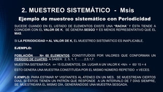 2. MUESTREO SISTEMÁTICO - Msis
Ejemplo de muestreo sistemático con Periodicidad
SUCEDE CUANDO EN EL LISTADO DE ELEMENTOS EXISTE UNA “RACHA” Y ÉSTA TIENDE A
COINCIDIR CON EL VALOR DE K, SE GENERA SESGO Y ES MENOS REPRESENTATIVO QUE EL
MAS.
SI LA PERIODICIDAD = AL VALOR DE K, EL MUESTREO SISTEMÁTICO ES INAPLICABLE.
EJEMPLO:
POBLACIÓN N= 60 ELEMENTOS, CONSTITUÍDOS POR VALORES QUE CONFORMAN UN
PERÍODO DE CUATRO, A SABER: 2, 5, 1, 7, ……2,5,1,7.
MUESTRA SISTEMÁTICA n= 15 ELEMENTOS, DA LUGAR A UN VALOR K =N/n = 60/ 15 = 4
ESTO GENERA UNA MUESTRA CONSTITUÍDA POR EL MISMO NÚMERO REPETIDO n VECES.
EJEMPLO: PARA ESTIMAR Nº VISITANTES AL ATENEO EN UN MES. SE MUESTREAN CIERTOS
DÍAS, SI ÉSTOS TIENEN UN PATRÓN QUE RESPONDE A UN INTERVALO DE 7 DÍAS SIEMPRE,
SE MUESTREARÁ EL MISMO DÍA, GENERÁNDOSE UNA MUESTRA SESGADA.
 