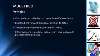 • Costos: datos confiables con menor inversión económica.
• Exactitud: mayor control en la recolección de datos.
• Tiempo: obtención de datos en menor tiempo.
• Información más detallada: más recursos para la etapa de
procesamiento de datos.
MUESTREO
Ventajas
 