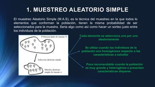 El muestreo Aleatorio Simple (M.A.S), es la técnica del muestreo en la que todos lo
elementos que conforman la población, tienen la misma probabilidad de ser
seleccionados para la muestra. Seria algo como así como hacer un sorteo justo entre
los individuos de la población.
1. MUESTREO ALEATORIO SIMPLE
Cada elemento se selecciona uno por uno
aleatoriamente
Se utiliza cuando los individuos de la
población son homogéneos respecto a las
características a estudiar
Poco recomendable cuando la población
es muy grande y heterogénea o presentan
características dispares.
 
