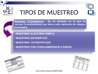 TIPOS DE MUESTREO
Muestreo Probabilístico: Es un proceso en el que se
conoce la probabilidad que tiene cada elemento de integrar
la muestra.

MUESTREO ALEATORIO SIMPLE
MUESTREO SISTEMÁTICO
MUESTREO ESTRATIFICADO
MUESTREO POR CONGLOMERADOS O ÁREAS




                 Licdo. Anthony Ramos UNEFM 2009
 