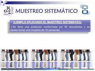 MUESTREO SISTEMÁTICO
 EJEMPLO APLICANDO EL MUESTREO SISTEMÁTICO:
Se tiene una población conformada por 50 estudiantes y se
desea tomar una muestra de 10 personas.




                 Licdo. Anthony Ramos UNEFM 2009
 