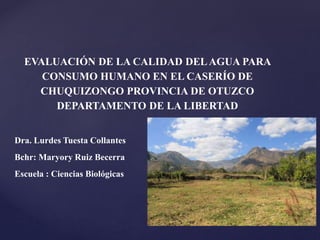 EVALUACIÓN DE LA CALIDAD DELAGUA PARA
CONSUMO HUMANO EN EL CASERÍO DE
CHUQUIZONGO PROVINCIA DE OTUZCO
DEPARTAMENTO DE LA LIBERTAD
Dra. Lurdes Tuesta Collantes
Bchr: Maryory Ruiz Becerra
Escuela : Ciencias Biológicas
 