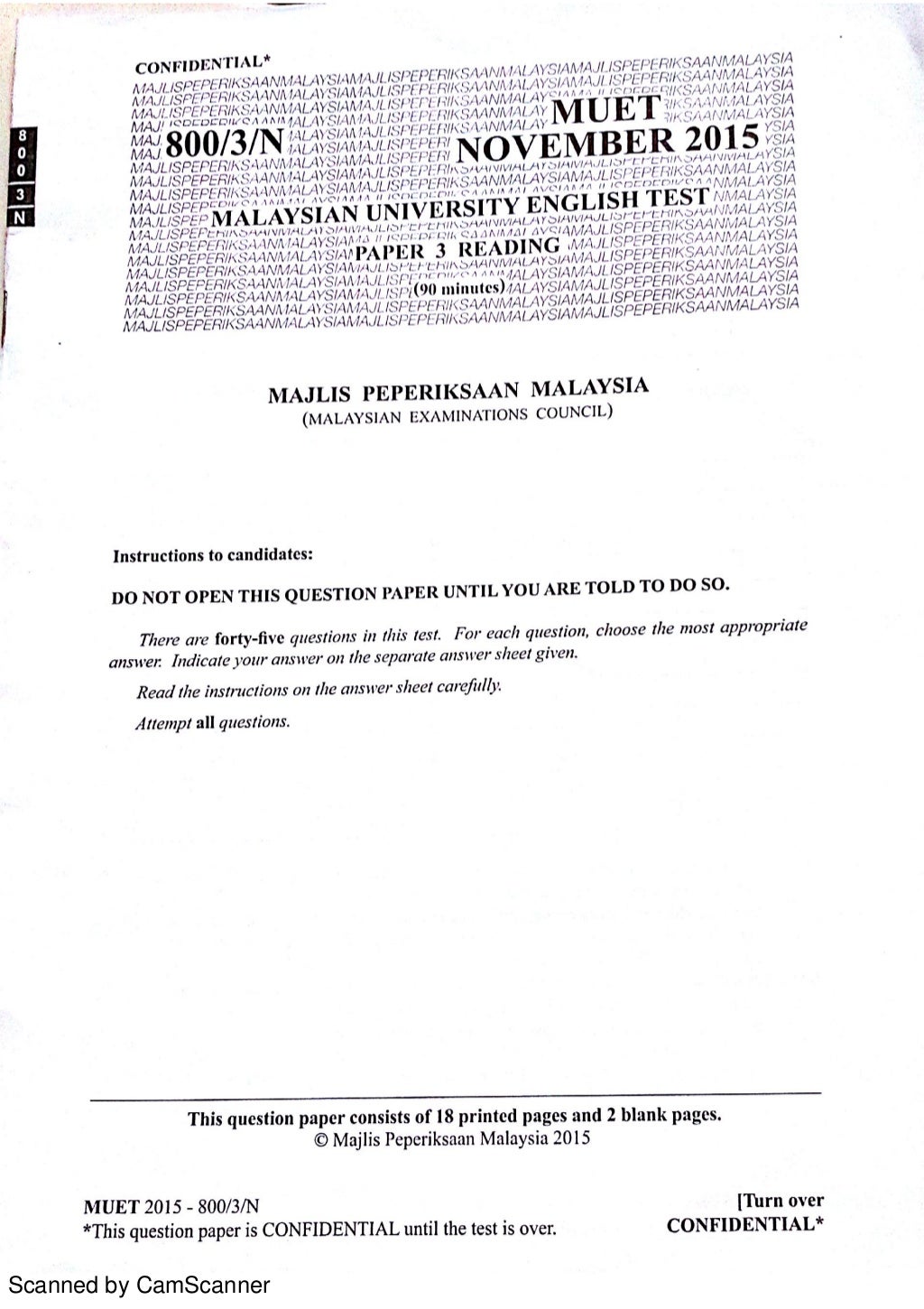 Muet-Reading 800/3 Year End November 2015