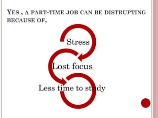 YES , A PART-TIME JOB CAN BE DISTRUPTING
BECAUSE OF,
Stress
Lost focus
Less time to study
 