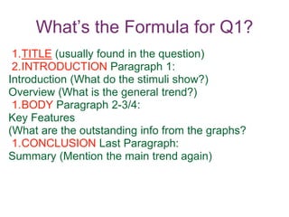 What’s the Formula for Q1?
1.TITLE (usually found in the question)
2.INTRODUCTION Paragraph 1:
Introduction (What do the stimuli show?)
Overview (What is the general trend?)
1.BODY Paragraph 2-3/4:
Key Features
(What are the outstanding info from the graphs?
1.CONCLUSION Last Paragraph:
Summary (Mention the main trend again)
 