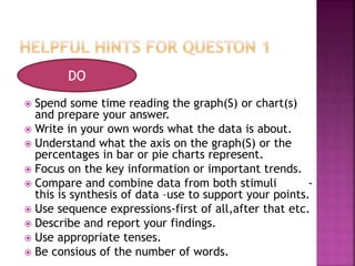 
 Spend some time reading the graph(S) or chart(s)
and prepare your answer.
 Write in your own words what the data is about.
 Understand what the axis on the graph(S) or the
percentages in bar or pie charts represent.
 Focus on the key information or important trends.
 Compare and combine data from both stimuli -
this is synthesis of data –use to support your points.
 Use sequence expressions-first of all,after that etc.
 Describe and report your findings.
 Use appropriate tenses.
 Be consious of the number of words.
DO
 