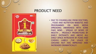 PRODUCT NEED
• DUE TO COUNSELLING FROM DOCTORS,
, FOOD AND NUTRITION WEBSITES AND
PROGRAMMES ON MASS MEDIA
SPREADING AWARENESS WITH SOME
FAKE NEWS , SPREAD OF WORD OF
MOUTH , PRODUCT PROMOTIONS BY
EARLY ENTRANTS AND ABOVE ALL
SHELF SPACE INTRUSION BY FGNO AND
CHEKKU LABELS ,THE USAGE OF
GROUND NUT HAS IMPROVED AND
INCREASED DRAMATICALLY.
 