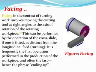 Facing ..
Facing in the context of turning
work involves moving the cutting
tool at right angles to the axis of
rotation of the rotating
workpiece.[1] This can be performed
by the operation of the cross-slide,
if one is fitted, as distinct from the
longitudinal feed (turning). It is
frequently the first operation
performed in the production of the
workpiece, and often the last—
hence the phrase "ending up".
Figure; Facing
 