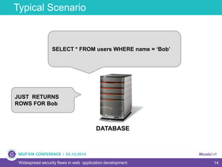 14
Typical Scenario
Widespread security flaws in web application development
DATABASE
SELECT * FROM users WHERE name = ‘Bob’
JUST RETURNS
ROWS FOR Bob
 