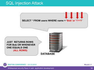 18
SQL Injection Attack
Widespread security flaws in web application development
DATABASE
SELECT * FROM users WHERE name = ‘Bob’ or ‘1’=‘1’
JUST RETURNS ROWS
FOR Bob OR WHENEVER
ONE EQUALS ONE
(ALL ROWS)
 