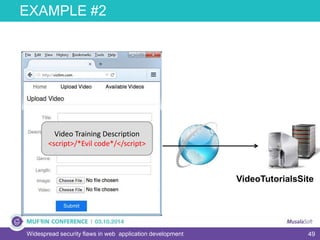 49
EXAMPLE #2
Widespread security flaws in web application development
VideoTutorialsSite
Video Training Description
<script>/*Evil code*/</script>
 