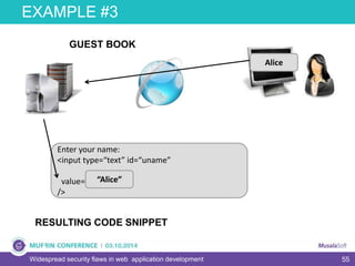 55
EXAMPLE #3
Widespread security flaws in web application development
RESULTING CODE SNIPPET
Enter your name:
<input type=“text” id=“uname”
value=“”
/>
GUEST BOOK
Alice
“Alice”
 