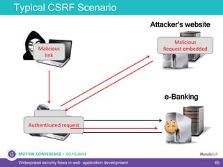 65Widespread security flaws in web application development
Typical CSRF Scenario
e-Banking
Attacker’s website
Auth
Request
Site loaded
Malicious
link
Malicious
Request embedded
Authenticated request
 