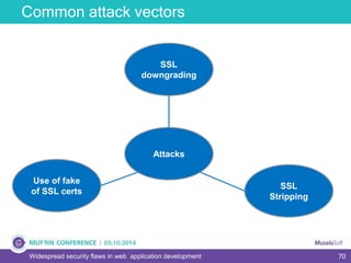 70Widespread security flaws in web application development
Common attack vectors
SSL
downgrading
SSL
Stripping
Use of fake
of SSL certs
Attacks
 