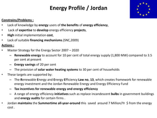 Energy Profile / Jordan
Constrains/Problems :
• Lack of knowledge by energy users of the benefits of energy efficiency,
•
Lack of expertise to develop energy efficiency projects,
• High initial implementation cost,
• Lack of suitable financing mechanisms.(SNC,2009)
Actions :
• Master Strategy for the Energy Sector 2007 – 2020
– Renewable energy to account for 10 per cent of total energy supply (1,800 MW) compared to 3.5
per cent at present
– Energy savings of 20 per cent
– The provision of solar water heating systems to 30 per cent of households
• These targets are supported by:
– The Renewable Energy and Energy Efficiency Law no. 13, which creates framework for renewable
energy investment and the Jordan Renewable Energy and Energy Efficiency Fund
– Tax incentives for renewable energy and energy efficiency
– A range of energy efficiency initiatives such as replace incandescent bulbs in government buildings
and energy audits for certain firms .
• Jordan maintains the Summertime all-year-around this saved around 7 Million/Yr $ from the energy
cost .

 