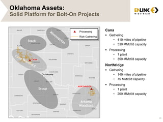 Oklahoma Assets:
Solid Platform for Bolt-On Projects
Cana
 Gathering
• 410 miles of pipeline
• 530 MMcf/d capacity
 Processing
• 1 plant
• 350 MMcf/d capacity
Northridge
 Gathering
• 140 miles of pipeline
• 75 MMcf/d capacity
 Processing
• 1 plant
• 200 MMcf/d capacity
$114
$126
Scoop
Stack
Arkoma
Woodford
29
 