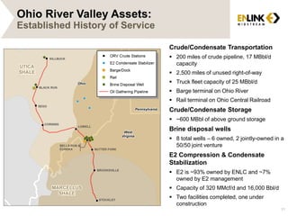 Ohio River Valley Assets:
Established History of Service
Crude/Condensate Transportation
 200 miles of crude pipeline, 17 MBbl/d
capacity
 2,500 miles of unused right-of-way
 Truck fleet capacity of 25 MBbl/d
 Barge terminal on Ohio River
 Rail terminal on Ohio Central Railroad
Crude/Condensate Storage
 ~600 MBbl of above ground storage
Brine disposal wells
 8 total wells – 6 owned, 2 jointly-owned in a
50/50 joint venture
E2 Compression & Condensate
Stabilization
 E2 is ~93% owned by ENLC and ~7%
owned by E2 management
 Capacity of 320 MMcf/d and 16,000 Bbl/d
 Two facilities completed, one under
construction
31
 