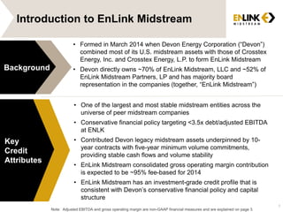 Introduction to EnLink Midstream
• One of the largest and most stable midstream entities across the
universe of peer midstream companies
• Conservative financial policy targeting <3.5x debt/adjusted EBITDA
at ENLK
• Contributed Devon legacy midstream assets underpinned by 10-
year contracts with five-year minimum volume commitments,
providing stable cash flows and volume stability
• EnLink Midstream consolidated gross operating margin contribution
is expected to be ~95% fee-based for 2014
• EnLink Midstream has an investment-grade credit profile that is
consistent with Devon’s conservative financial policy and capital
structure
Background
Key
Credit
Attributes
5
• Formed in March 2014 when Devon Energy Corporation (“Devon”)
combined most of its U.S. midstream assets with those of Crosstex
Energy, Inc. and Crosstex Energy, L.P. to form EnLink Midstream
• Devon directly owns ~70% of EnLink Midstream, LLC and ~52% of
EnLink Midstream Partners, LP and has majority board
representation in the companies (together, “EnLink Midstream”)
Note: Adjusted EBITDA and gross operating margin are non-GAAP financial measures and are explained on page 3.
 