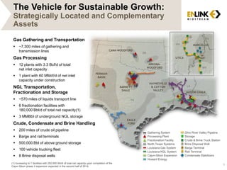 Gathering System
Processing Plant
Fractionation Facility
North Texas Systems
Louisiana Gas System
Louisiana NGL System
Cajun-Sibon Expansion
Howard Energy
Ohio River Valley Pipeline
Storage
Crude & Brine Truck Station
Brine Disposal Well
Barge Terminal
Rail Terminal
Condensate Stabilizers
(1) Increasing to 7 facilities with 252,000 Bbl/d of total net capacity upon completion of the
Cajun-Sibon phase II expansion expected in the second half of 2014.
AUSTIN CHALK
EAGLE
FORD
PERMIAN
BASIN
CANA-WOODFORD
ARKOMA-
WOODFORD
BARNETT
SHALE
HAYNESVILLE
& COTTON
VALLEY
UTICA
MARCELLUS
LA
TX
OK
OH
WV
PA
The Vehicle for Sustainable Growth:
Strategically Located and Complementary
Assets
Gas Gathering and Transportation
 ~7,300 miles of gathering and
transmission lines
Gas Processing
 12 plants with 3.3 Bcf/d of total
net inlet capacity
 1 plant with 60 MMcf/d of net inlet
capacity under construction
NGL Transportation,
Fractionation and Storage
 ~570 miles of liquids transport line
 6 fractionation facilities with
180,000 Bbl/d of total net capacity(1)
 3 MMBbl of underground NGL storage
Crude, Condensate and Brine Handling
 200 miles of crude oil pipeline
 Barge and rail terminals
 500,000 Bbl of above ground storage
 100 vehicle trucking fleet
 8 Brine disposal wells
9
 