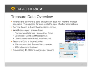 3
Treasure Data Overview
 Founded to deliver big data analytics in days not months without
specialist IT resources for one-tenth the cost of other alternatives
 Service based subscription business model
 World class open source team
• Founded world’s largest Hadoop User Group
• Developed Fluentd and MessagePack
• Contributed to Memcached, Hibernate, etc.
 Treasure Data is in production
• 60+ customers incl. Fortune 500 companies
• 400+ billion records stored
 Processing 40,000 messages per second
 