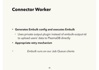 Connector Worker
> Generates Embulk conﬁg and executes Embulk
> Uses private output plugin instead of embulk-output-td 
 
to upload users’ data to PlazmaDB directly
> Appropriate retry mechanism
> Embulk runs on our Job Queue clients
15
 