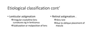 Etiological classification cont’
• Lenticular astigmatism
Irregular crystalline lens
curvatures eg in lenticonus
Subluxation or malposition of lens
• Retinal astigmatism .
Very rare
Due to oblique placement of
macula
 