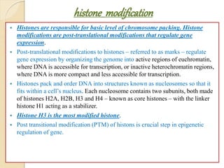 histone modification
 Histones are responsible for basic level of chromosome packing. Histone
modifications are post-translational modifications that regulate gene
expression.
 Post-translational modifications to histones – referred to as marks – regulate
gene expression by organizing the genome into active regions of euchromatin,
where DNA is accessible for transcription, or inactive heterochromatin regions,
where DNA is more compact and less accessible for transcription.
 Histones pack and order DNA into structures known as nucleosomes so that it
fits within a cell’s nucleus. Each nucleosome contains two subunits, both made
of histones H2A, H2B, H3 and H4 – known as core histones – with the linker
histone H1 acting as a stabilizer.
 Histone H3 is the most modified histone.
 Post transitional modification (PTM) of histons is crucial step in epigenetic
regulation of gene.
 