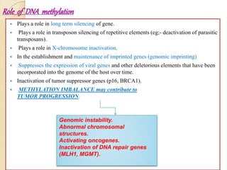 Role of DNA methylation
 Plays a role in long term silencing of gene.
 Plays a role in transposon silencing of repetitive elements (eg;- deactivation of parasitic
transposans).
 Plays a role in X-chromosome inactivation.
 In the establishment and maintenance of imprinted genes (genomic imprinting)
 Suppresses the expression of viral genes and other deletorious elements that have been
incorporated into the genome of the host over time.
 Inactivation of tumor suppressor genes (p16, BRCA1).
 METHYLATION IMBALANCE may contribute to
TUMOR PROGRESSION.
Genomic instability.
Abnormal chromosomal
structures.
Activating oncogenes.
Inactivation of DNA repair genes
(MLH1, MGMT).
 