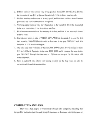 2. Debtors turnover ratio shows very strong position from 2009-2010 to 2012-2013.in
the beginning it was 2.51 at the end the ratio is 6.19. So it shows good growth.
3. Creditor turnover ratio seems to be very good position from creditors as well as net
purchases, it is clear that the ratio is acceptable.
4. Working capital turnover ratio have fluctuation in the year 2011-2012. But it adjusted
in the next year with 4.11 .so its position was fine.
5. Fixed asset turnover ratio of the company is in fine position. It has increased for the
last five years.
6. Current asset turnover ratio of ASHOK LEYLAND Ltd also good. It is good for first
two years i.e. 2008-2010.but the ratio is decreased in the year 2010-2012 and it is
increased to 2.29 in the current year.
7. The total asset turn over ratio in the year 2008-2009 to 2009-2010 as increased from
0.73 to 1.02.but it fluctuates in the year 2010 -2011 and it remains the same in the
year 2011-2012.finnaly it has increased to 1.26 in the current year. So this ratio is said
to be competent.
8. Sales to networth ratio shows very strong position for the five years, so sales to
networth ratio is satisfactory position.
CORRELATION ANALYSIS:
There was a high degree of relationship between sales and profit, indicating that
the need for indicating that the need for profit increases or decreases with the increase or
 